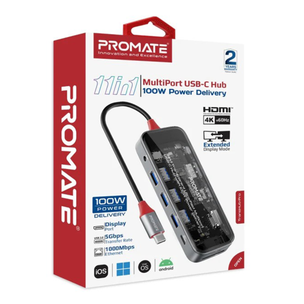 Promate TransHub-Pro 11-in-1 Transparent Ultra-Fast Multi-Port USB-C ...