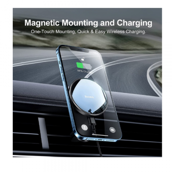 Wireless charger for iPhone 12 with magnetic absorption, it is installed on the car dashboard in front of the air vent black